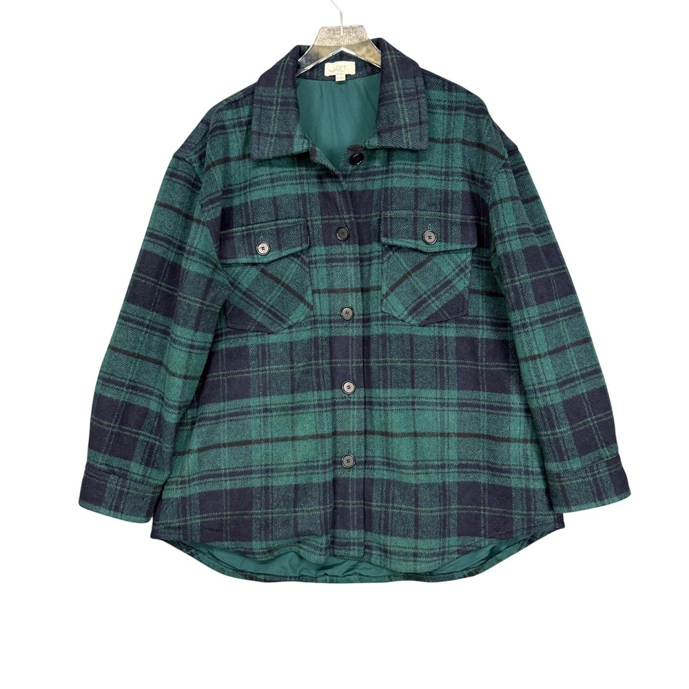 LOFT Jacket Womens XL Green Plaid Button Up Wool Blend Flannel Coat Shacket